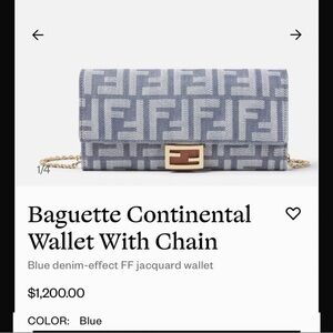 New Authentic Fendi Blue Baguette Continental Wallet with Chain